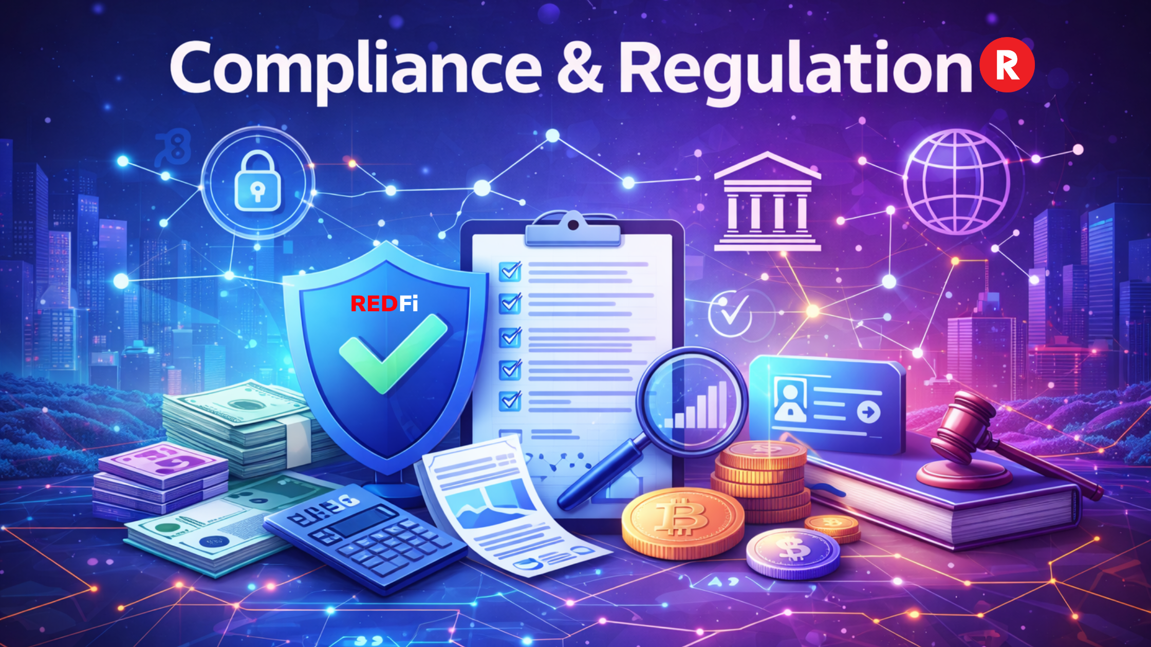 Compliance and regulation in fintech payments, showing secure infrastructure connecting crypto, fiat, and global financial systems